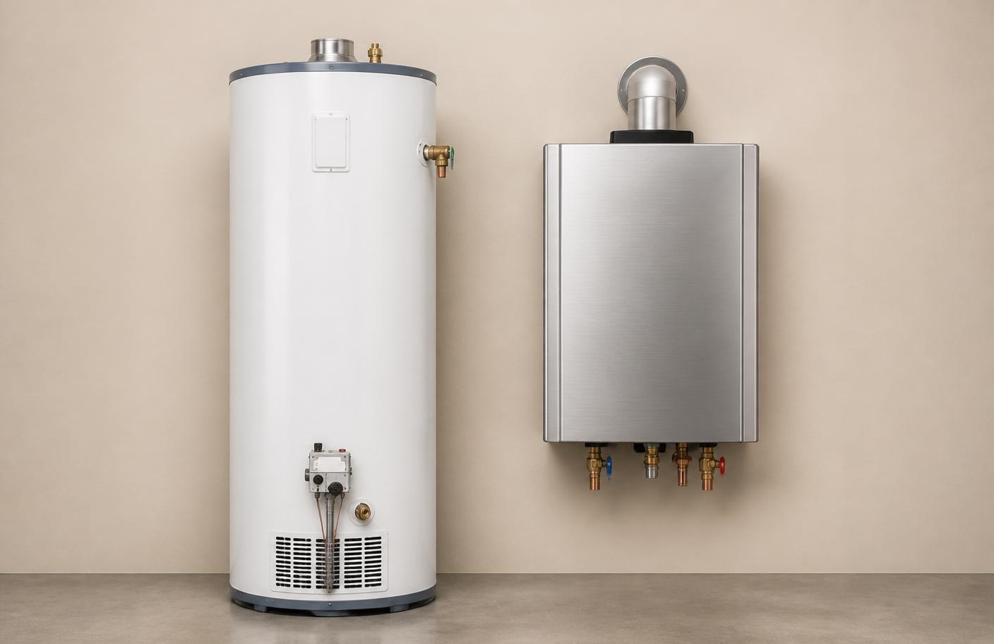Traditional tank water heater next to a modern tankless unit for comparison